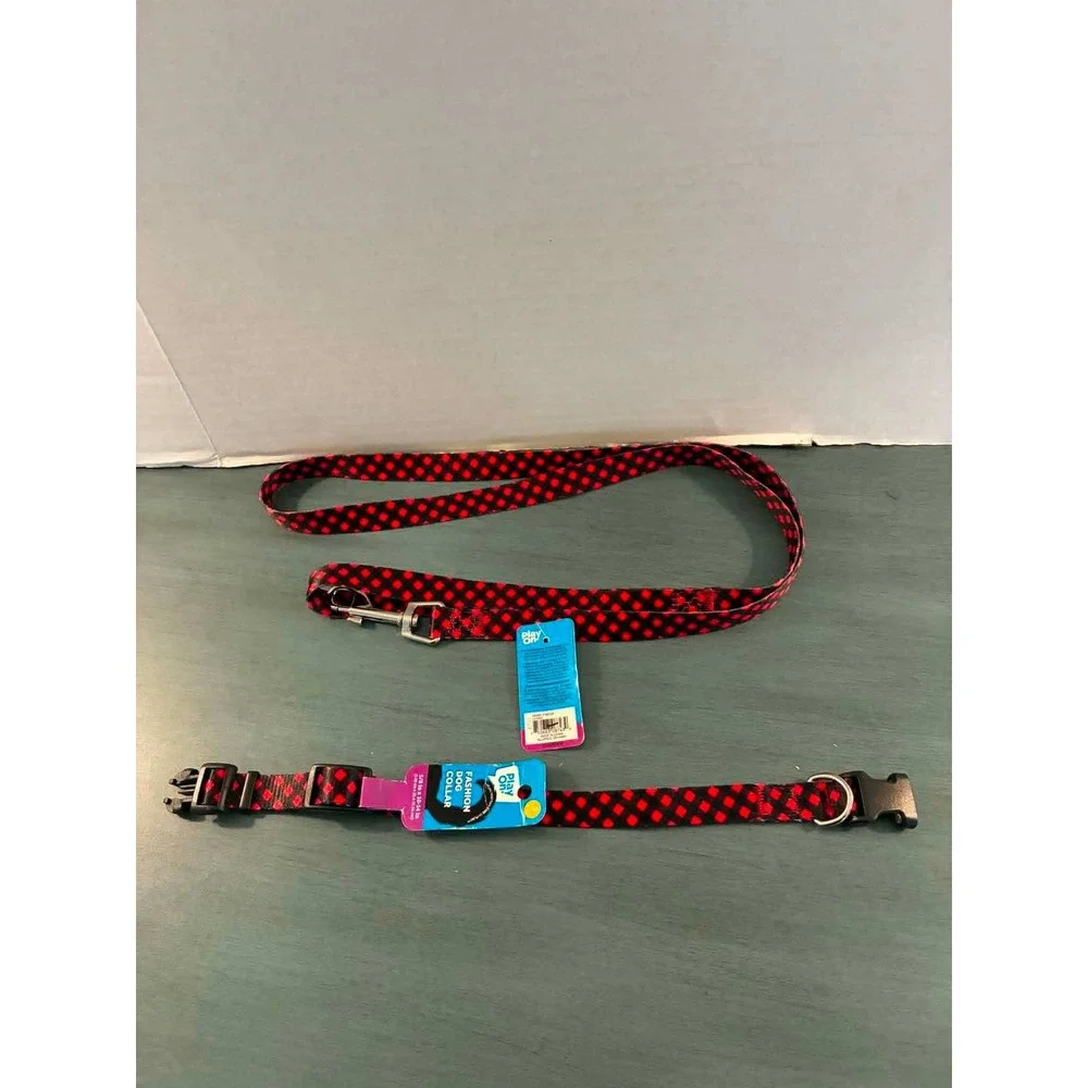 Play On! Dog Collar and Leash Set Small Red Black Checkered New NWT‎ Patterned